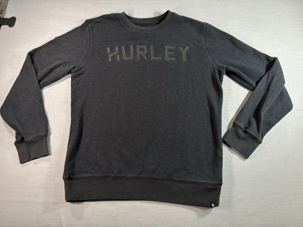 Hurley Embossed Logo Crewneck Sweatshirt Black Men's M Fleece Distressed